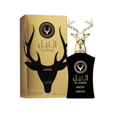 Lattafa Al Noble Ameer — Black perfume bottle with gold deer head cap next to gold box with deer silhouette