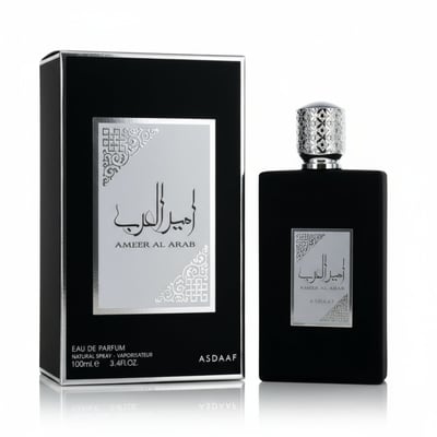Lattafa Ameer Al Arab by Asdaaf 100ml EDP Men — Black perfume box and bottle with silver Arabic script and ornate details
