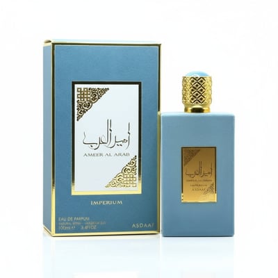Lattafa Ameer Al Arab Imperium by Asdaaf 100ml EDP Men — Blue box and bottle with gold accents and Arabic script