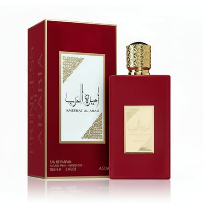 Lattafa Ameerat Al Arab — Red perfume box and bottle with gold accents and Arabic script.