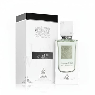 Lattafa Ana Abiyedh by Lattafa 60ml EDP Unisex — White box and clear glass bottle with white cap, Arabic script on label