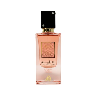 Lattafa Ana Abiyedh Coral — Rectangular glass perfume bottle with coral-pink liquid, gold ornate label, and black cap.