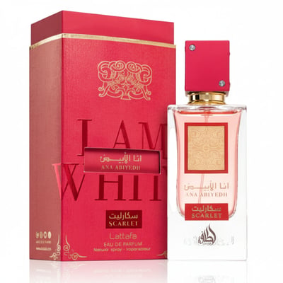 Lattafa Ana Abiyedh Scarlet by Lattafa 60ml EDP Women — Red box and glass perfume bottle with red cap and gold accents
