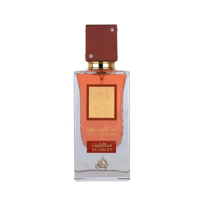 Lattafa Ana Abiyedh Scarlet by Lattafa 60ml EDP Women — Rectangular glass perfume bottle with orange liquid, gold ornate