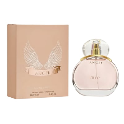 Lattafa Angel by LaMuse — A peach-toned box with angel wings and a round glass perfume bottle with pink liquid and gold