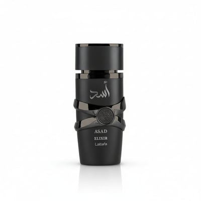 Lattafa Asad Elixir — Black box with embossed lion emblem and Arabic script.