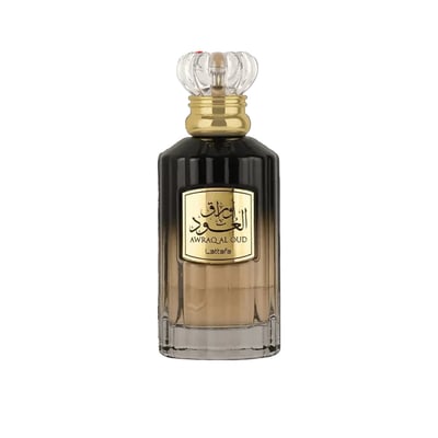 Lattafa Awraq Al Oud by Lattafa 100ml Man — Glass perfume bottle with dark gradient, gold accents, and ornate clear cap