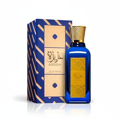 Lattafa Azeezah — Blue glass perfume bottle with gold cap and gold geometric label, next to a blue and gold patterned box.