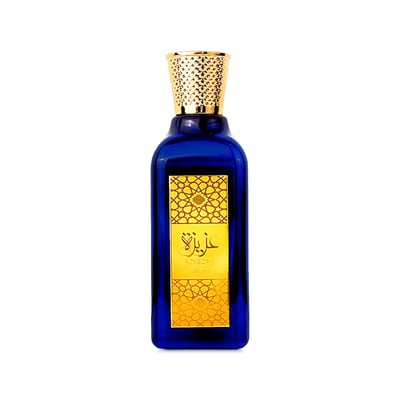 Lattafa Azeezah by Lattafa 100ml for Women — Blue glass perfume bottle with ornate gold cap and gold patterned label