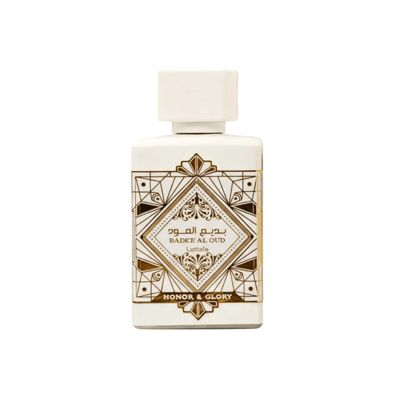 Lattafa Badee Al Oud Honor Glory — White perfume bottle with gold geometric design and Arabic script on a white background