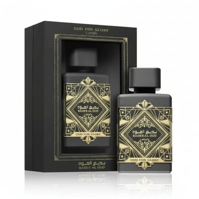 Lattafa Badee Al Oud by Lattafa Oud for Glory — Black box with gold trim, two black perfume bottles with gold geometric