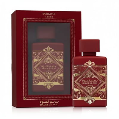 Lattafa Badee Al Oud Sublime — Red perfume box with window showing bottle, and a separate bottle with gold geometric design.