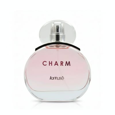 Lattafa Charm 100ml EDP for Women by LaMuse — Round pink glass perfume bottle with clear cap and black collar, text "CHARM"