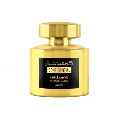 Lattafa Confidential Private Gold — Gold perfume bottle with black label showing Arabic and English text, on a white