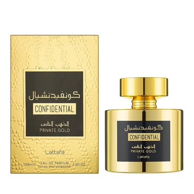 Lattafa Confidential Private Gold — Gold perfume bottle and matching textured gold box on a white background.