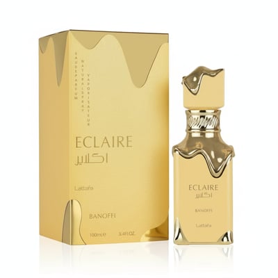 Lattafa Eclaire Banoffi — Gold perfume box and bottle with dripping gold accents and Arabic text