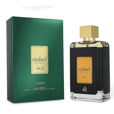 Lattafa Ejaazi by Lattafa Perfume 100 ml for Men — Green box and black perfume bottle with gold accents on a white background