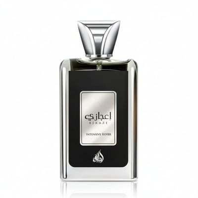 Lattafa Ejaazi Intensive by Lattafa – 100 ml Unisex, a clear glass bottle with a black label and silver accents, featuring
