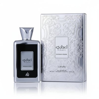 Lattafa Ejaazi Intensive by Lattafa – 100 ml Unisex bottle and silver embossed box on white background