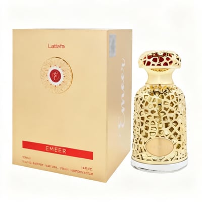 Lattafa Emeer By Lattafa Woody Scent 100ml — Gold patterned bottle and matching box with red accents and text
