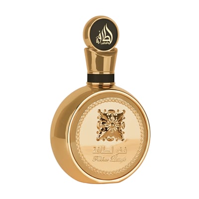 Lattafa Fakhar Extrait by Lattafa 100ml for Men — Gold round perfume bottle with ornate emblem and Arabic script on a white