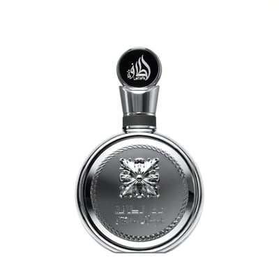 Lattafa Fakhar Platin — Silver round perfume bottle with ornate emblem and Arabic script on white background