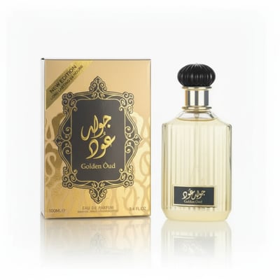 Lattafa Golden Oud — A gold and black patterned box sits next to a clear glass perfume bottle with a black ribbed cap.