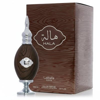 Lattafa Pride Hala by Lattafa – 100 ml Eau de Parfum for Men, featuring a dark wood-effect oval bottle with a silver cap and a matching wood-grain patterned box.