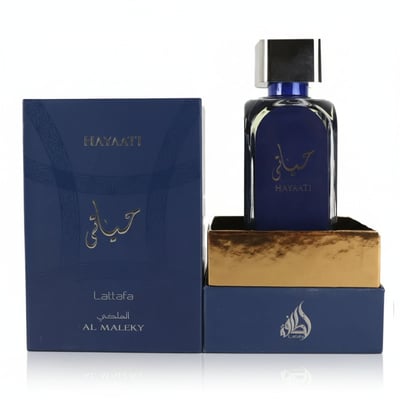 Lattafa Hayaati Al Maleky by Lattafa – 100 ml for Men, featuring the blue perfume bottle and its matching navy blue box with gold accents, presented in a gold display tray.