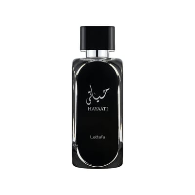 Lattafa Hayaati Men by Lattafa Perfumes100ml EDP — Black glass perfume bottle with silver Arabic script and 'HAYAATI' text, topped with a black cap.