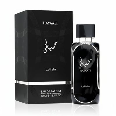 Lattafa Hayaati Men by Lattafa Perfumes100ml EDP — Black perfume bottle and matching black box with Arabic calligraphy and silver accents, displayed on a white background.