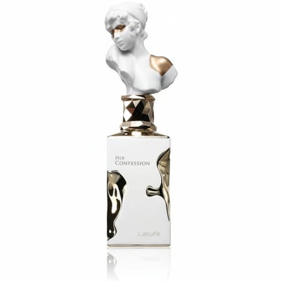 Lattafa Her Confession by Lattafa 100ml EDP — White perfume bottle with a bust of a woman as a cap, gold accents, and a faceted gold collar.