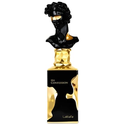Lattafa His Confession by Lattafa Perfume 100ml — Black bust of a classical figure with gold accents, atop a faceted gold and black perfume bottle with gold liquid-like accents.