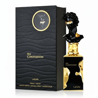 Lattafa His Confession — Black textured box with gold trim and circular portrait, next to a black and gold bust-shaped perfume bottle with a faceted gold cap.