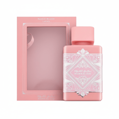 Lattafa Badee Al Oud Noble Blush — Pink perfume bottle and matching gift box with ribbon detail, isolated on white