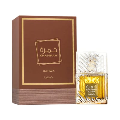 Lattafa Khamrah Qahwa by Lattafa 100ml EDP Unisex — Brown box with gold geometric design next to a clear glass perfume bottle with gold liquid and ornate cap.