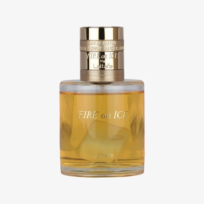 Lattafa Fire On Ice by Lattafa 100ml EDP Unisex — Clear glass bottle with golden liquid and cap, showing ice cubes inside.