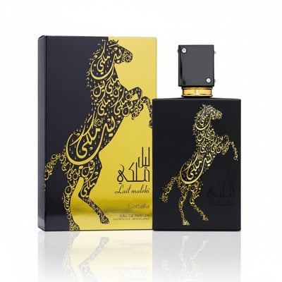 Lattafa Lail Maleki by Lattafa 100ml EDP Unisex — Black perfume bottle with gold horse design and matching black and gold box, presented on a white reflective surface.