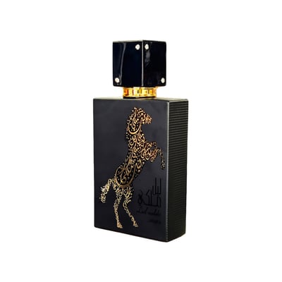Lattafa Lail Maleki by Lattafa 100ml EDP Unisex — Black rectangular perfume bottle with gold Arabic calligraphy horse design and a black square cap with gold accents.
