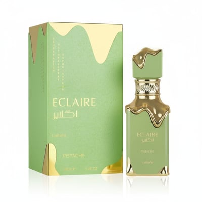Lattafa Eclaire Pistache — Green perfume bottle and box with gold accents, text "ECLAIRE" and Arabic script