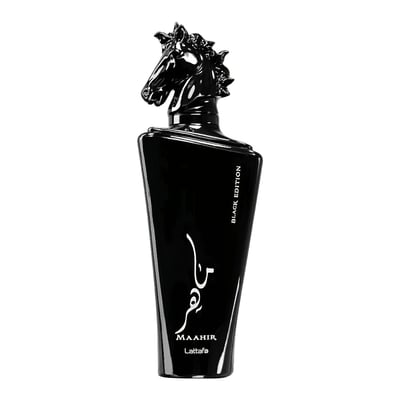 Lattafa Maahir Black Edition by Lattafa 100ml for Men — Black perfume bottle with a black horse head cap, featuring Arabic script and "BLACK EDITION" text.