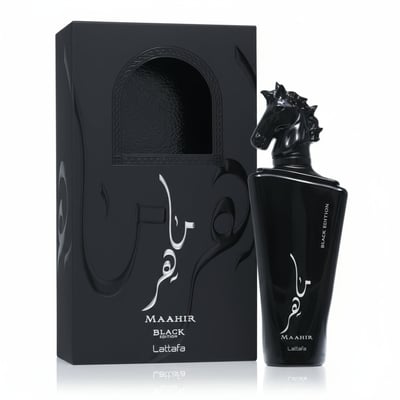 Lattafa Maahir Black Edition by Lattafa 100ml for Men — Black perfume bottle with a horse head cap and matching black box with Arabic calligraphy.
