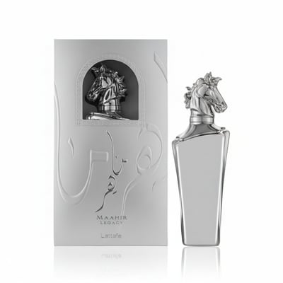 Lattafa Maahir Legacy by Lattafa 100ml EDP Man — Silver perfume bottle with horse head cap and matching presentation box, both with embossed Arabic script and horse motif.