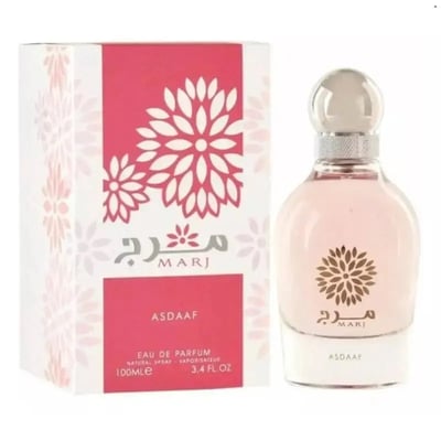 Asdaaf Marj Perfume 100ml — Pink floral patterned box next to a clear glass perfume bottle with a silver cap and pink liquid, featuring a floral emblem.