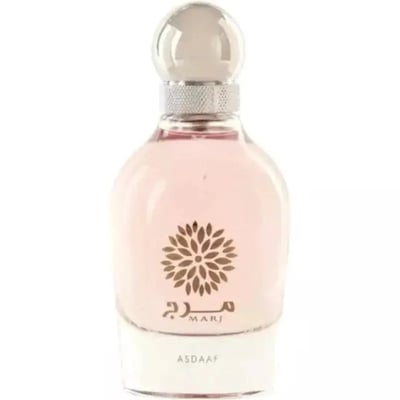 Asdaaf Marj Perfume 100ml Lattafa Asdaaf Arabic For Women — Pink perfume bottle with a silver cap and a floral emblem on the front.
