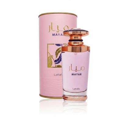 Lattafa Mayar by Lattafa EDP 100ml Woman — Pink cylindrical box with gold floral accents next to a pink perfume bottle with gold cap and accents, showing Arabic and English text.