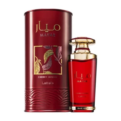 Lattafa Mayar Cherry Intense Lattafa 100ml EDP — Red cylindrical box with gold leaf design next to a red perfume bottle with gold cap, both featuring Arabic script and 'MAYAR' branding.