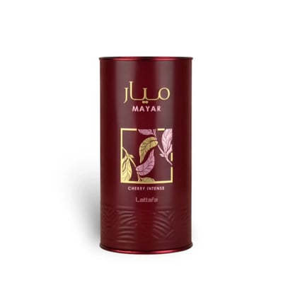 Lattafa Mayar Cherry Intense Lattafa — A tall, cylindrical, dark red perfume tin with gold lettering and a square design featuring stylized leaves in gold and pink.