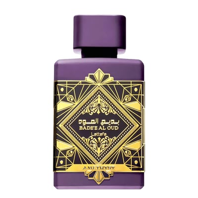 Lattafa Badee Al Oud Amethyst — A purple perfume bottle with a gold geometric label and Arabic text.