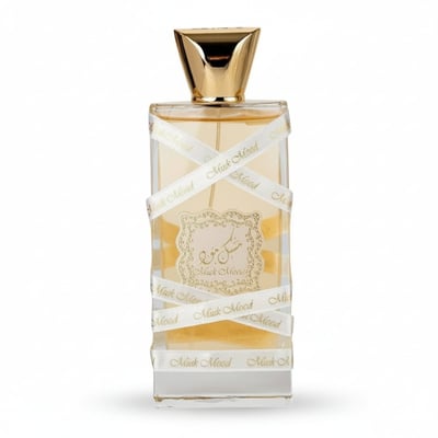Lattafa Musk Mood by Lattafa 100ml EDP Unisex — Clear glass perfume bottle with gold cap, wrapped in white ribbon printed with 'Musk Mood' in gold lettering.